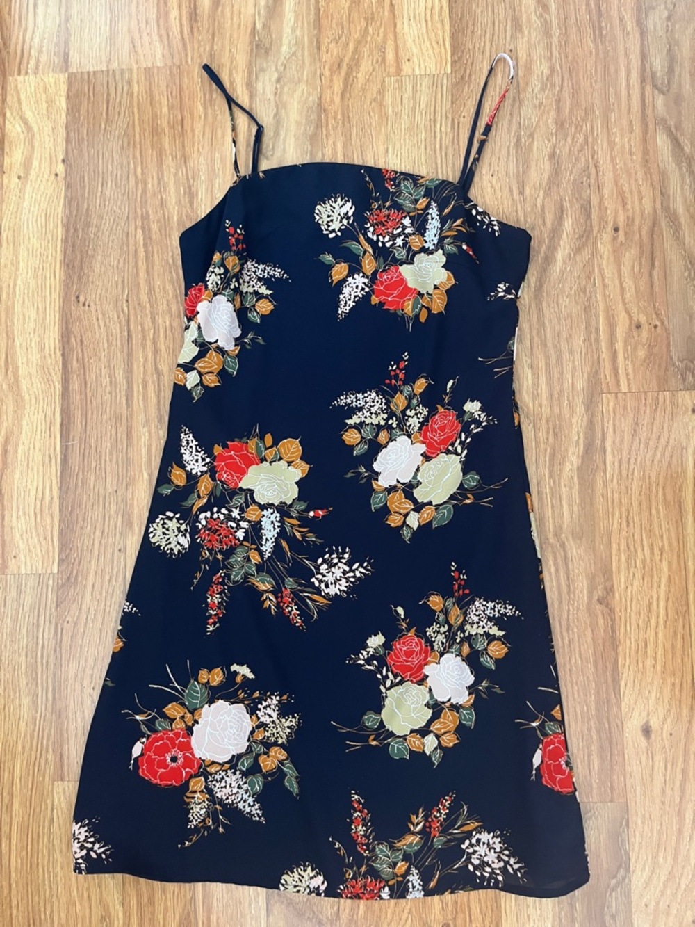 Navy Blue Mini Dress with Red, Pink,Cream & Gold Floral Print
